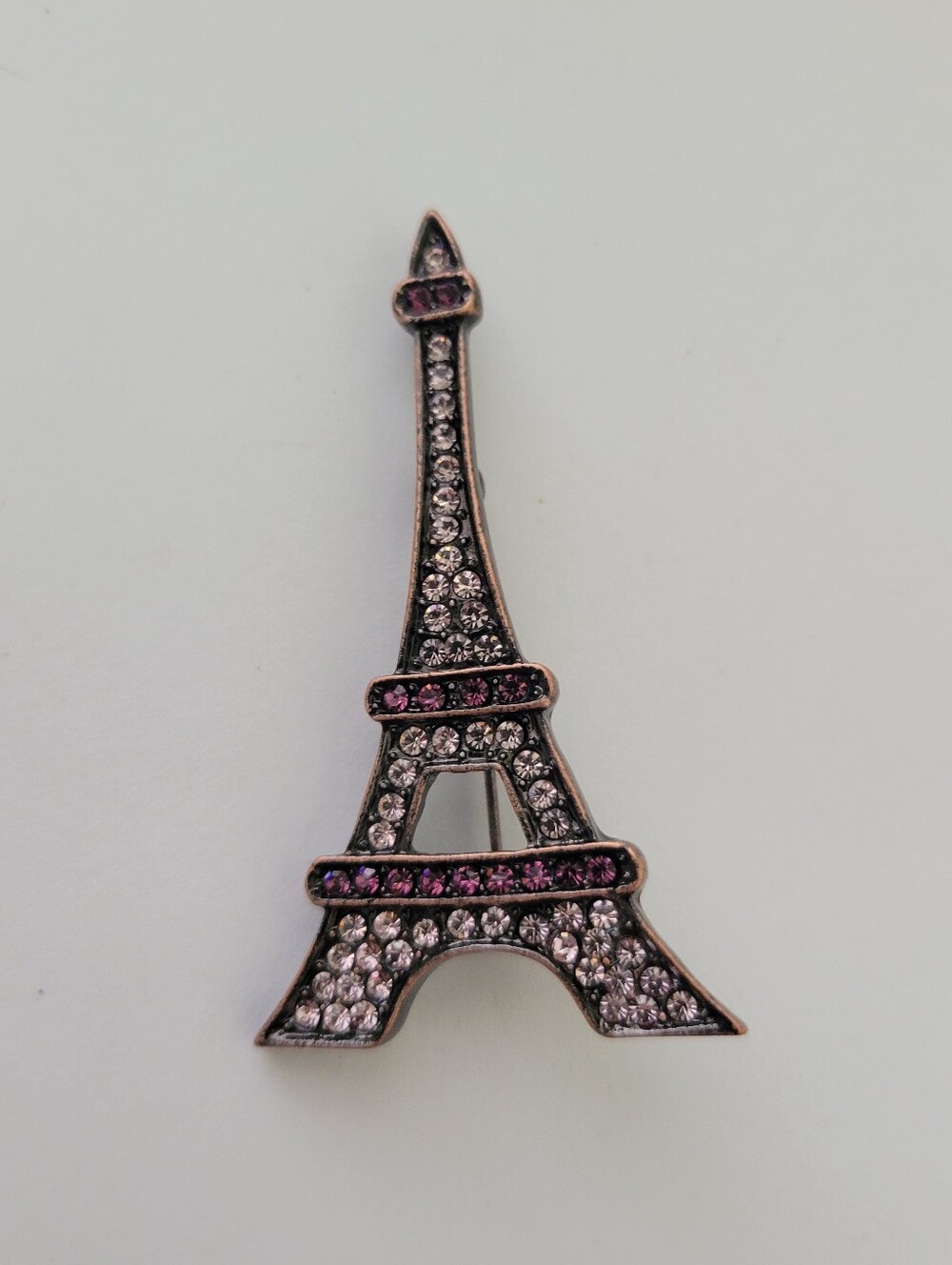 Vtg Signed Alilang Copper Tone Eiffel Tower Brooch Pin Purple Rhinestones